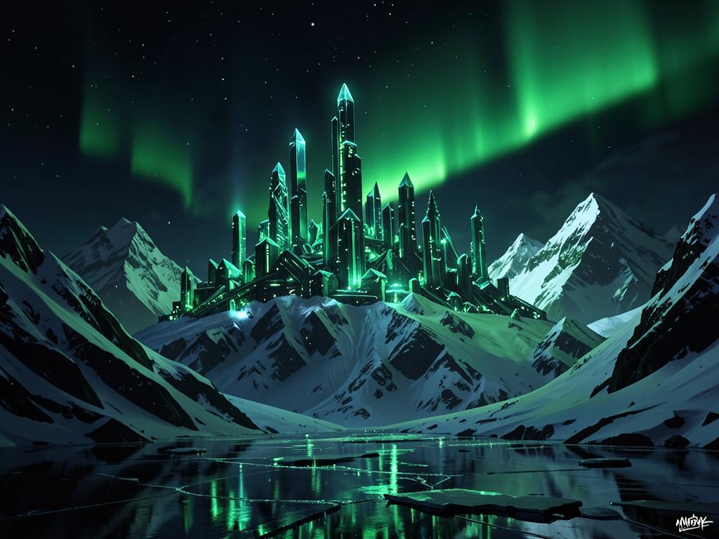 Emerald crystal city glowing atop snowy peaks under a green aurora
