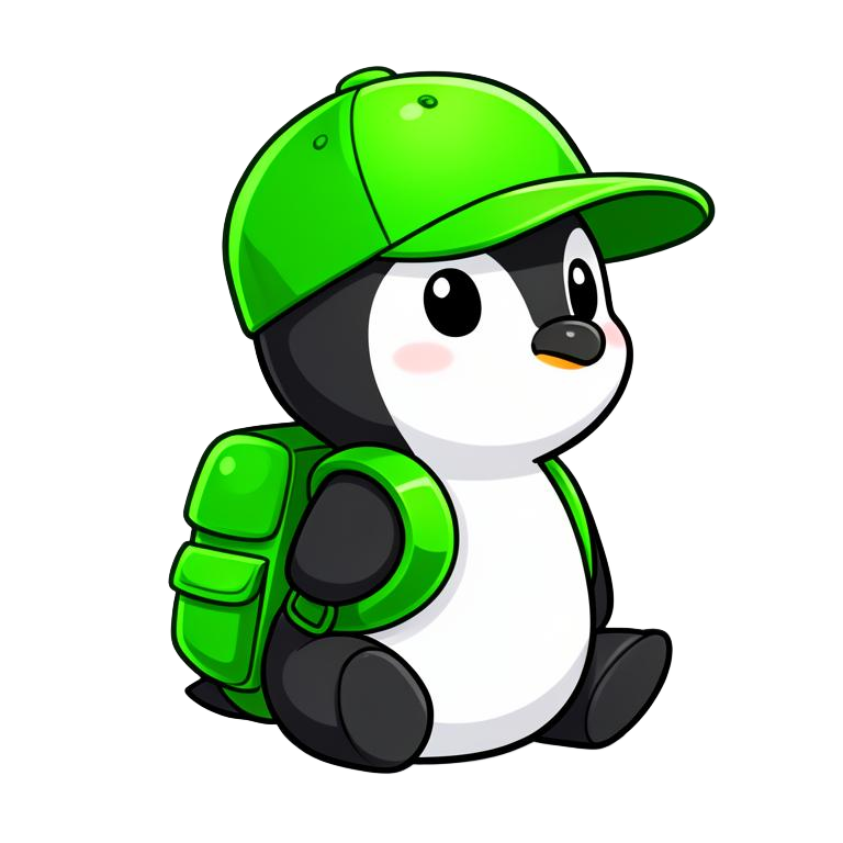 Penguin explorer with a green backpack