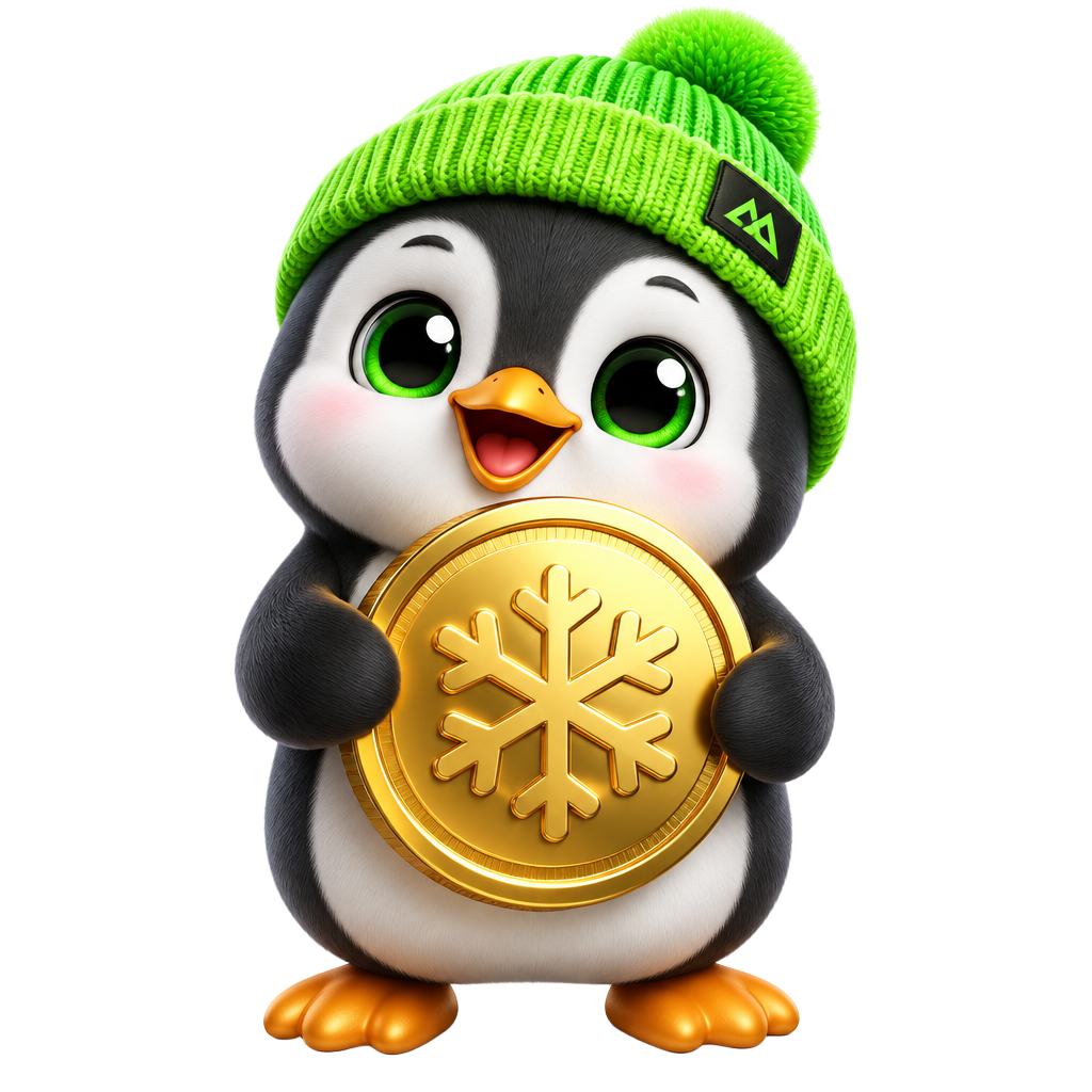 FLURRY chibi penguin mascot with a green cap holding a gold snowflake coin